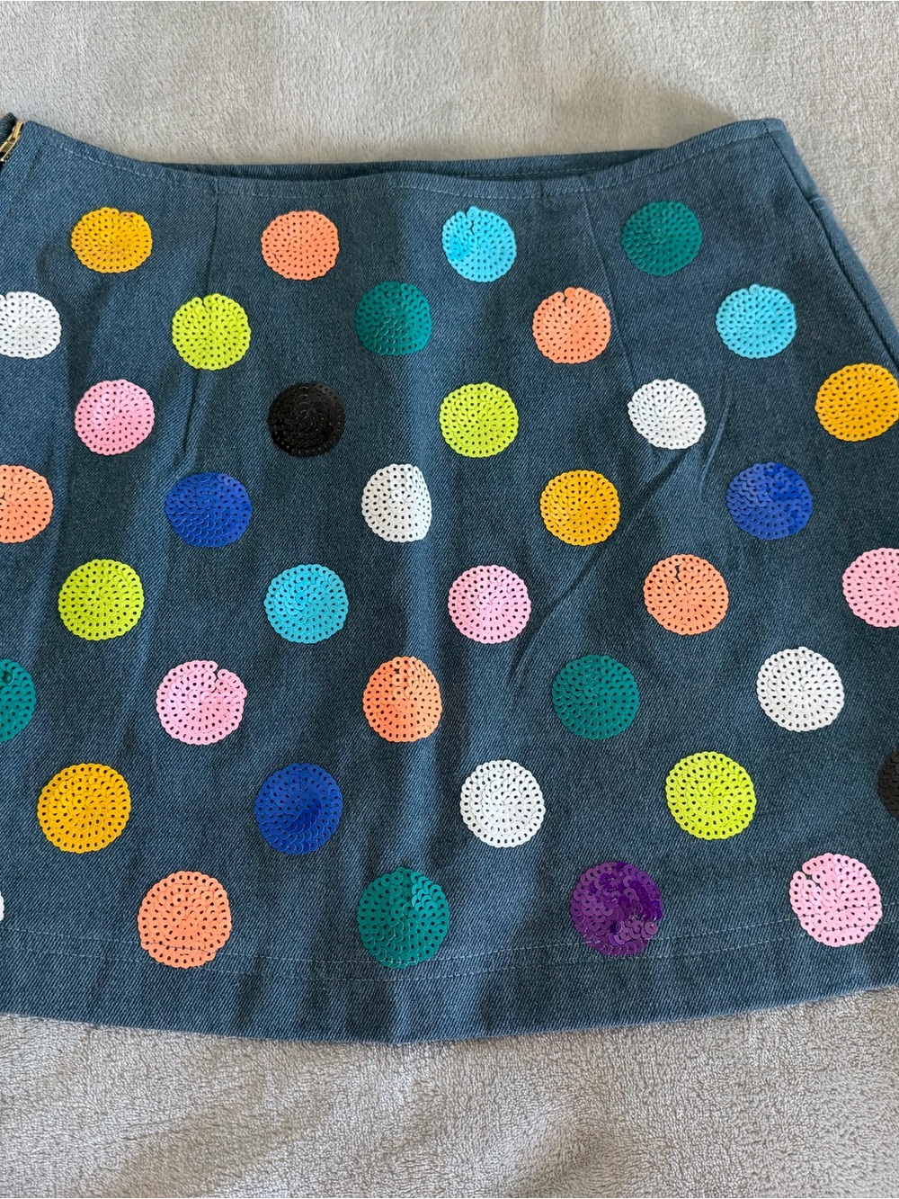 QUEEN OF SPARKLES Denim Mini Skirt with Multicolor Sequin Polka Dots
